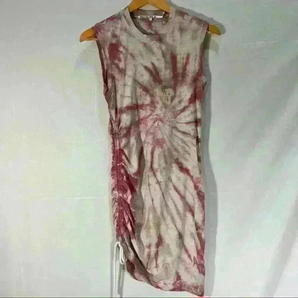 PAM&GELA RevolveTye Dye Sleeveless Ruched Dress In Roses& Taupe Sz P Boho Hippie